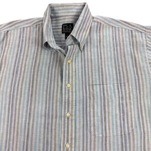 Jos A Bank Travelers Collection Shirt Mens Large Blue Stripe Linen Short Sleeve